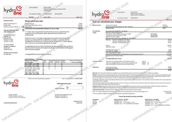 USA Ontario’s Hydro One electricity utility bill template in Word and PDF format (2 pages)